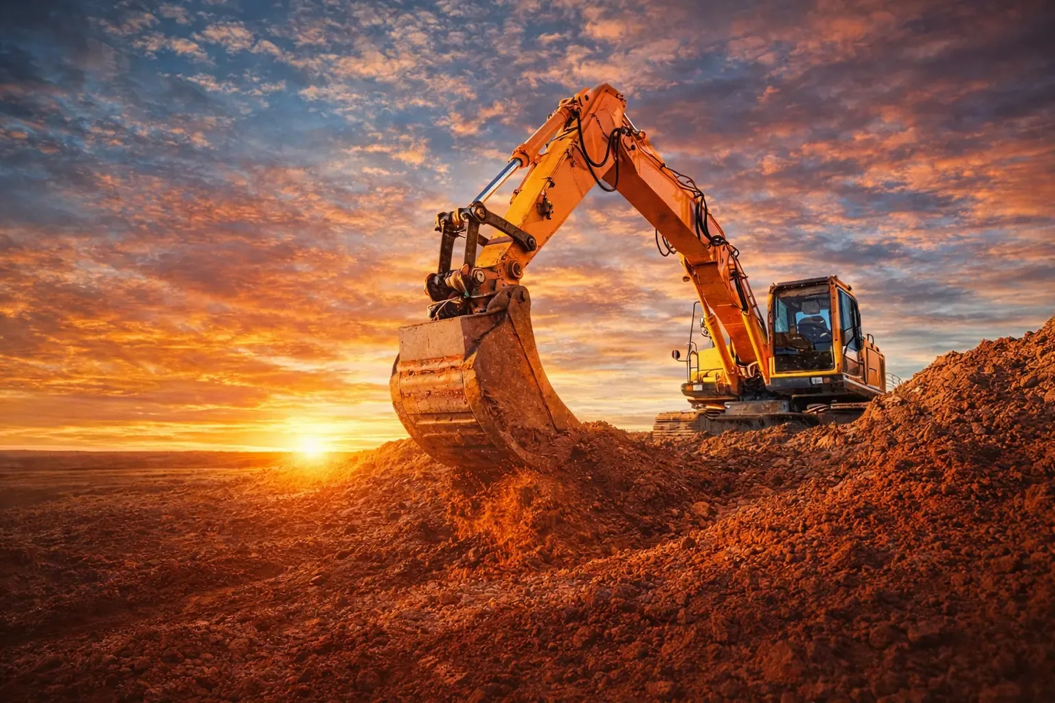 Heavy excavation equipment working at sunset in Pennsylvania
