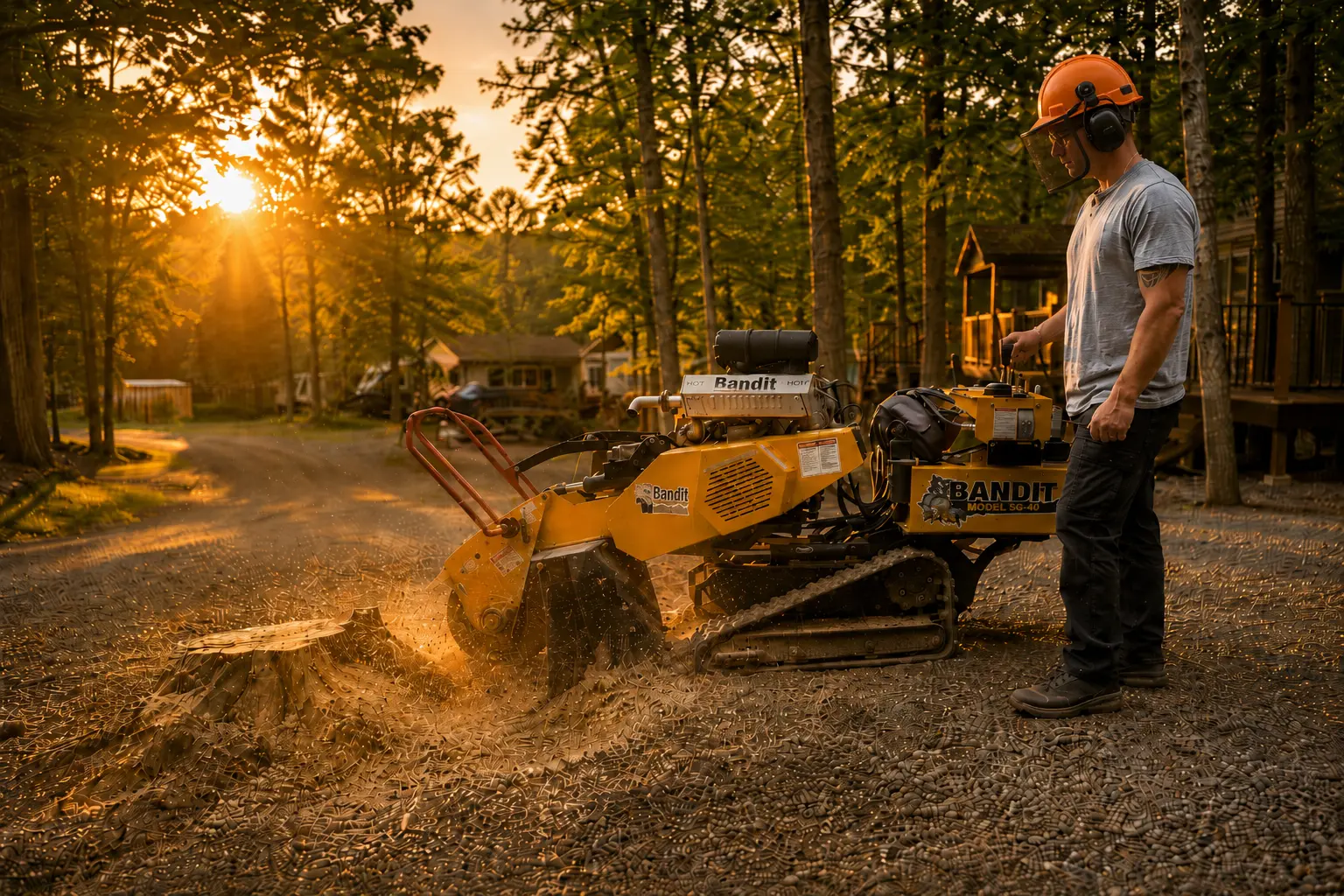 Stump grinding equipment and crew on a stump removal job near Eagle Lake, PA