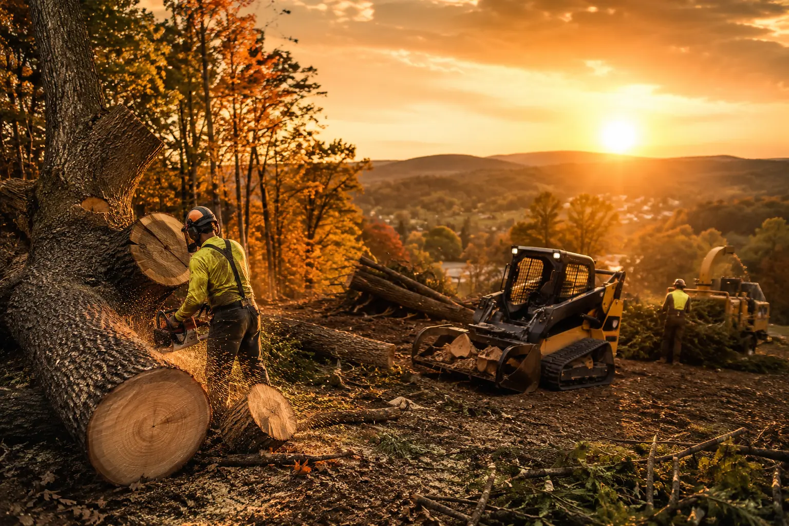 Tree removal crew and equipment working on a service call near Eagle Lake, PA